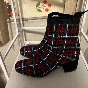 Plaid Knit Sock Ankle Heeled Boots - Red/Black